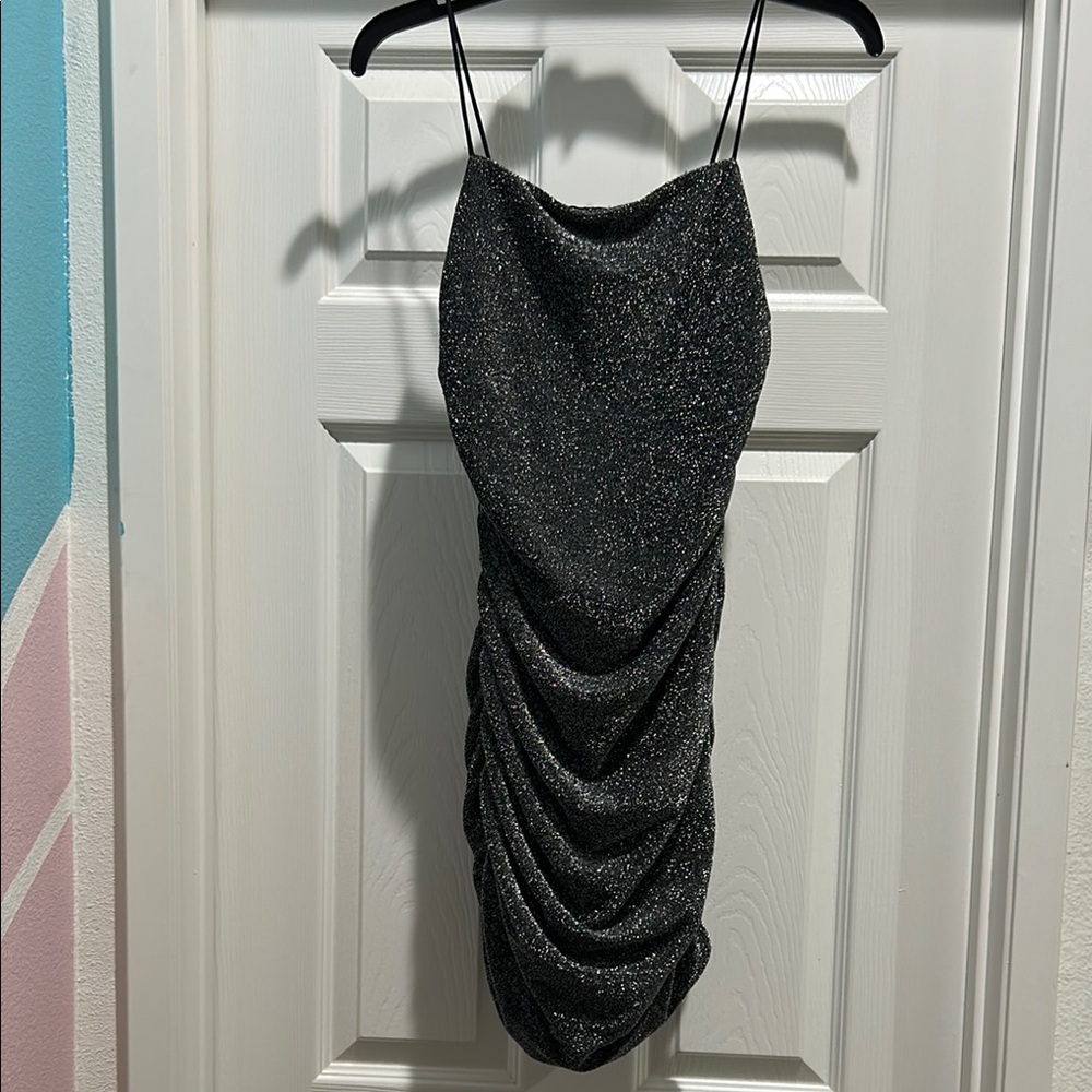 SHEIN Black Silver Ruched Asymmetrical Cocktail Dress